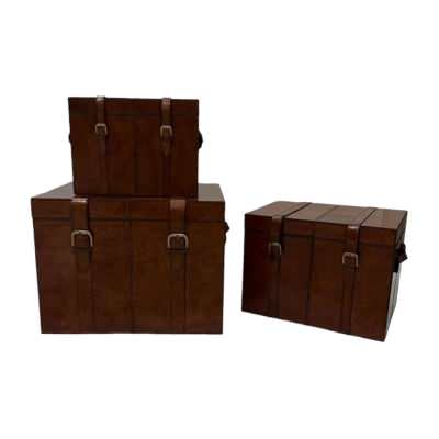 Trovic 3 Piece Leather Storage Trunk Set, Tan