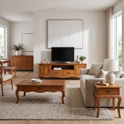 Mervent Mindi Wood 2 Drawer Coffee Table,115cm, Light Pecan