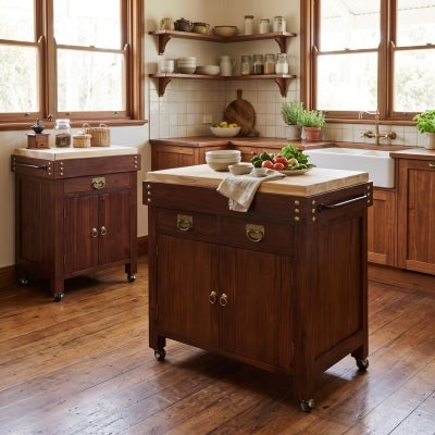Cucina Mahogany Timber Butcher Block Kitchen Island with Castors, Large, Mahogany