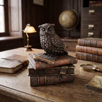 Veronese Cold Cast Bronze Coated Owl On Books Statue Trinket Box