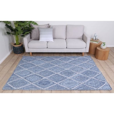 Artisan Diamond Handwoven Jute Rug, 320x230cm, Denim