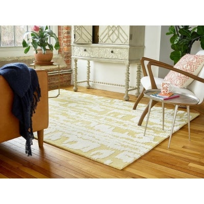 Florence Broadhurst Waterwave Stripe Hand Tufted Designer Wool Rug, 280x200cm, Citron