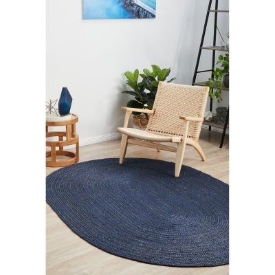 Bondi Hand Braided Jute Oval Rug, 280x190cm, Navy