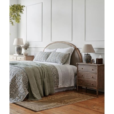 Ferran Linen Fabric & Oak Timber Arch Bed Headboard, Queen