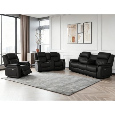 Contin II Technology Fabric Power Motion Recliner Home Theater Sofa, 3 Seater, Black