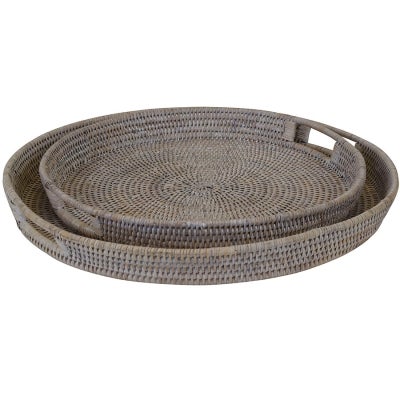Savannah Rattan Tray, Round, Large, White Wash