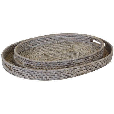 Savannah Rattan Tray, Oval, Small, White Wash