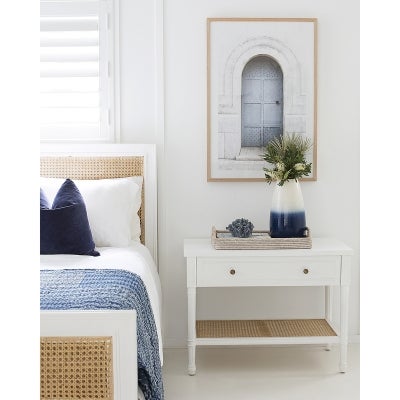Saman Timber & Rattan Bedside Table, Large, White