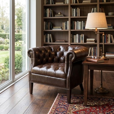 Meliora Full Top Grain Leather Chesterfield Tub Chair, Espresso