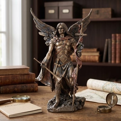Veronese Cold Cast Bronze Coated Angel Figurine, Gabriel with Cross & Trumpet