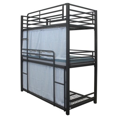 Tubeco Australian Made Commercial Grade Metal Triple Bunk Bed with Curtains, Single, Matt Black / Light Grey