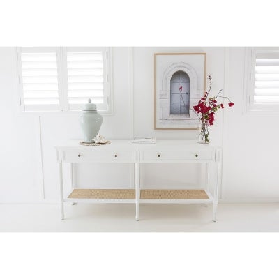 Saman Timber & Rattan Console Table, 185cm, White