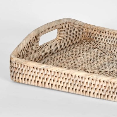 Paume Handcrafted Rattan 2 Piece Rectangle Tray Set, White Wash