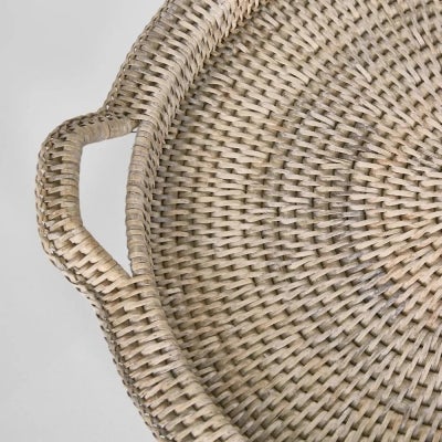 Paume Handcrafted Rattan Round Tray with Handle, White Wash