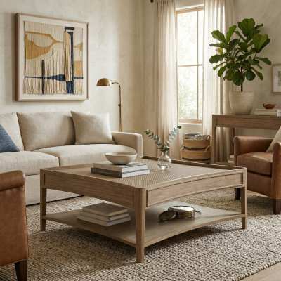 Savannah Rattan-Top Timber Square Coffee Table, 100cm