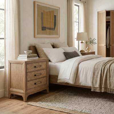 Cypress Timber & Rattan Bedside Table, 3 Drawer