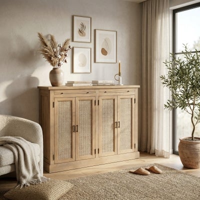 Cypress Timber & Rattan 4 Door Hall Storage Unit