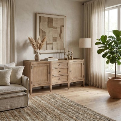Savannah Rattan-Top Timber 2 Door 3 Drawer Bow Front Sideboard, 186cm