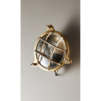 Palmerston Outdoor Metal & Glass Bunker Wall Light, Antique Brass