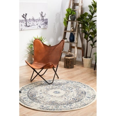 Evoke Mist Turkish Made Oriental Round Rug, 150cm, White