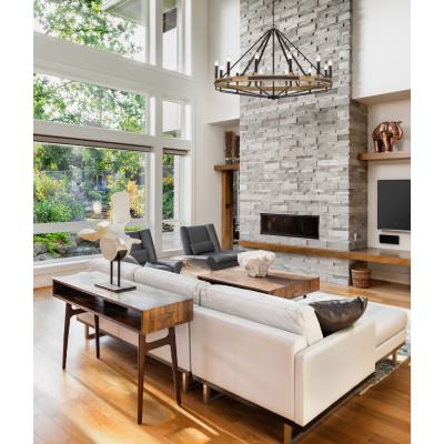Funale Wood & Iron Candelabra Pendant Light, 12 Light, Natural / Bronze 