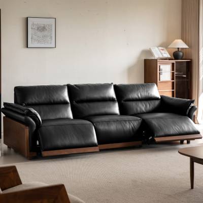 Wysten Leather & American Walnut Timber Modular Electric Recliner Sofa, 3 Seater, Black