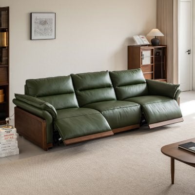 Wysten Leather & American Walnut Timber Modular Electric Recliner Sofa, 3 Seater, Green