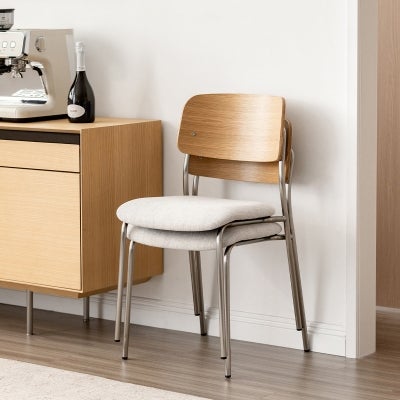 Estor American White Oak & Stainless Steel Stackable Dining Chair with Fabric Seat