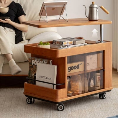 Rizuno American Cherrywood Height Adjustable Swivel Top Side Table / Bar Cart