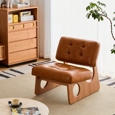 Jorvett Faux Leather & Timber Lounge Chair, Tan / Natural