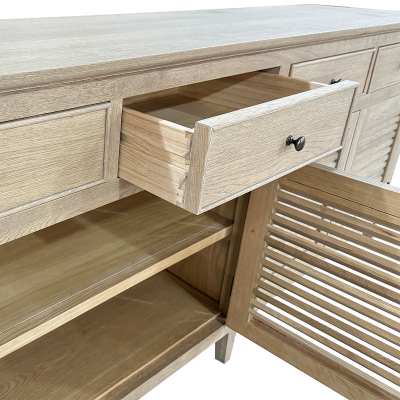 Jensen Louvre Oak Timber 4 Door 4 Drawer Sideboard, Weathered Oak