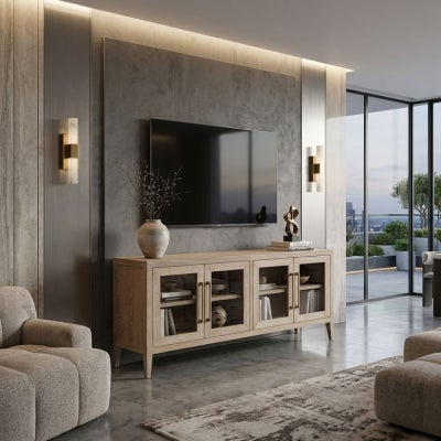 Mauvoisin Oak Timber 4 Door TV Unit, 153cm, Lime Washed Oak