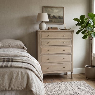 Flinders Oak Timber 5 Drawer Tallboy, Round Knob, Weathered Oak