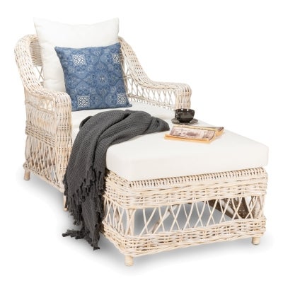 Nassau Rattan Armchair & Ottoman Set, White Wash / White