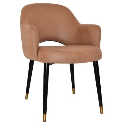 Albury Commercial Grade Pelle / Benito Fabric Dining Armchair, Slim Metal Leg, Tan / Black Brass
