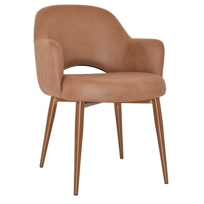 Albury Commercial Grade Pelle / Benito Fabric Dining Armchair, Slim Metal Leg, Tan / Brass