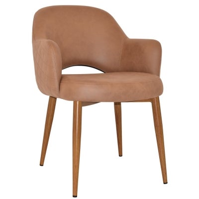Albury Commercial Grade Pelle / Benito Fabric Dining Armchair, Metal Leg, Tan / Light Oak