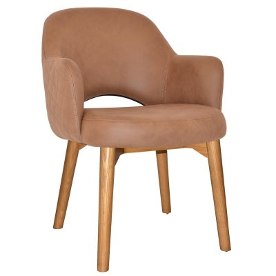 Albury Commercial Grade Pelle / Benito Fabric Dining Armchair, Timber Leg, Tan / Light Oak