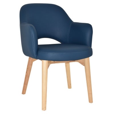 Albury Commercial Grade Vinyl Dining Armchair, Timber Leg, Blue / Natural