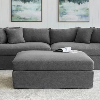 Marbella Fabric Slipcover Ottoman, Charcoal