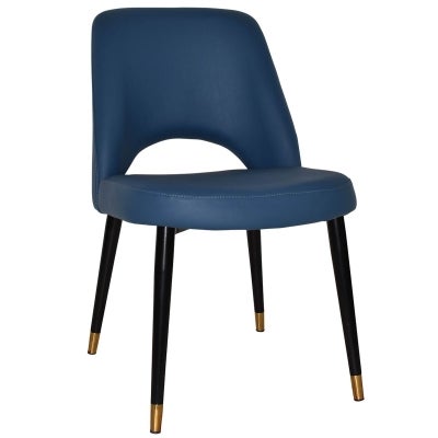 Albury Commercial Grade Vinyl Dining Chair, Slim Metal Leg, Blue / Black Brass