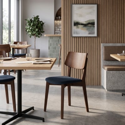 Phoenix Commercial Grade Timber Dining Chair, Timber Back & Gravity Fabric Seat, Light Walnut / Navy