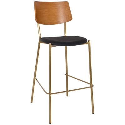 Texas Commercial Grade Stainless Steel Bar Stool, Timber Back & Vinyl Seat, Light Oak / Brass / Black
