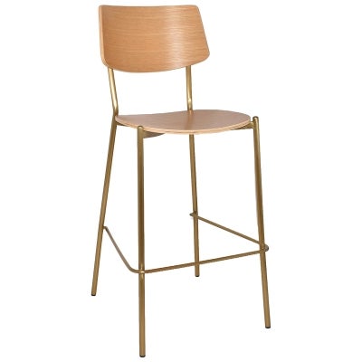 Texas Commercial Grade Stainless Steel Bar Stool, Timber Back & Seat, Natural / Brass