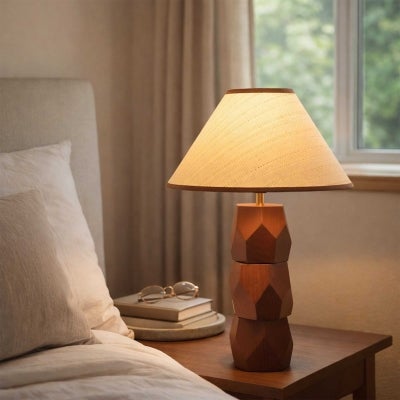 Helena Hand Faceted Timber Base Table Lamp, Woven Paper Shade