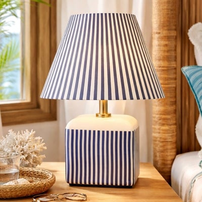 Amaris Striped Ceramic Base Table Lamp, Blue / Cream