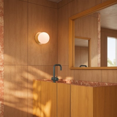 Odessa IP44 Dimmable LED Wall Light, Frosted Glass Shade, 3000K, Small, Opal / Brass