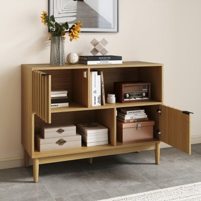 Linda Wooden 2 Door Sideboard with Staggered Open Shelves, 106cm, Natural