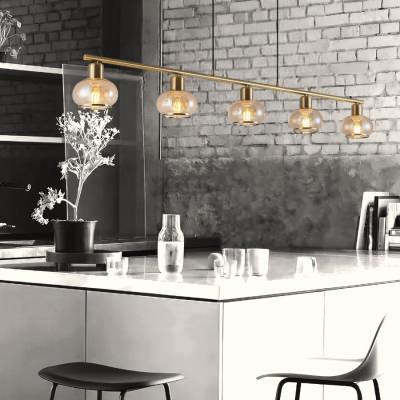 Marbell Iron & Glass Bar Pendant Light, 5 Light, Antique Brass / Amber