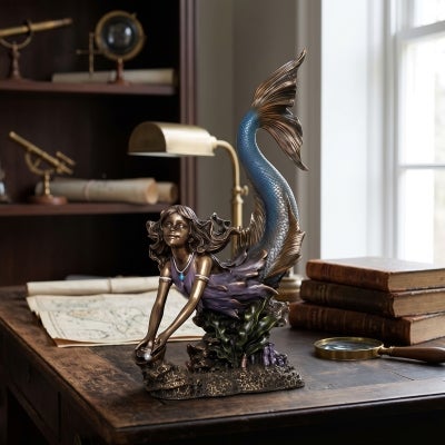Veronese Cold Cast Bronze Coated Mermaid Figurine, Collecting pearl